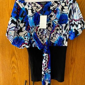 NWT Bebe blouse puff sleeves keyhole tie